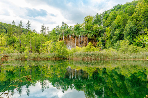 Veliki Prstavac waterfall reflected in the Potok Plitvice lake of Plitvice National Park in Croatia. UNESCO World Heritage of Croatia named Plitvicka Jezera.