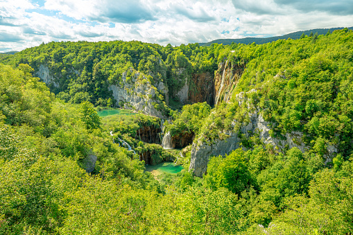 Sastavci waterfall and Veliki Slap Waterfall of Plitvice National Park in Croatia. UNESCO World Heritage of Croatia named Plitvicka Jezera.