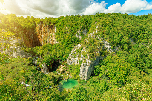 sunshine on viewpoint over Veliki Slap Waterfall and Sastavci waterfall of Plitvice National Park in Croatia. UNESCO World Heritage of Croatia named Plitvicka Jezera.