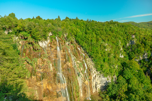 skyline of the Veliki slap waterfall of Plitvice Lakes National Park in Croatia in the Lika region. UNESCO World Heritage of Croatia named Plitvicka Jezera.