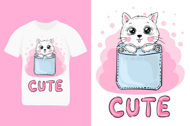 t-shirt design cute cat in pocket with pink text Cute, child fashion print t-shirt design cute cat in pocket with pink text Cute, child fashion print. Vector illustration kitten wallpaper stock illustrations