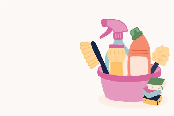 Vector illustration of Background with cleaning products - basin, sanitary products, brush, toilet brush, cleaning sponges.