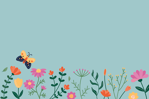 Background of flowers located at the bottom. A bouquet of stylized plants in a flat style. Butterfly. Space for text. Vector illustration on a blue background.