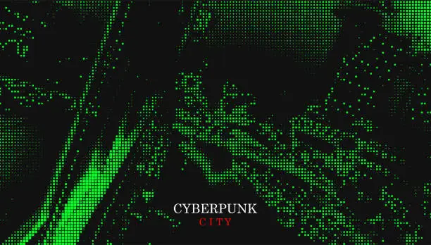 Vector illustration of Vector Green Half Tone Checked Style Cyberpunk City Scene Background