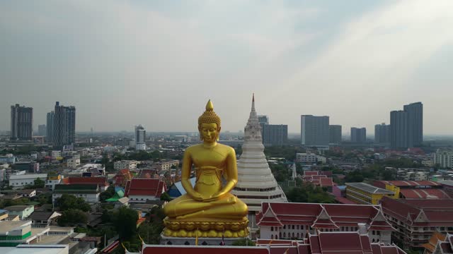 Aerial vie of Wat Paknam Bhasicharoen, Buddha statue.
