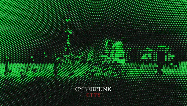 Vector illustration of Vector Half Tone Checked Style Cyberpunk City Background