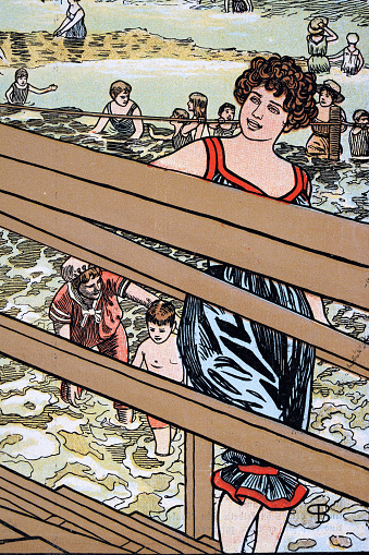 Vintage illustration, Young Victorian woman in bathing suit, People swimming in sea, Seaside vacation, German, Jugendstil Art Nouveau