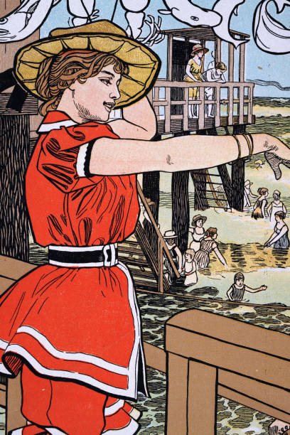 Young Victorian woman in bathing suit, People swimming in sea, Seaside vaccation, German, Jugendstil Art Nouveau Vintage illustration, Young Victorian woman in bathing suit, People swimming in sea, Seaside vaccation, German, Jugendstil Art Nouveau victorian swimwear stock illustrations