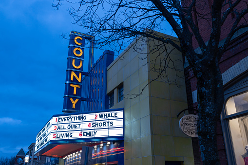 Doylestown, Pa. USA, March 11, 2023: marquee of the County Theater in Doylestown, Pa. USA