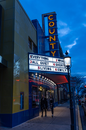 Doylestown, Pa. USA, March 11, 2023: marquee of the County Theater in Doylestown, Pa. USA
