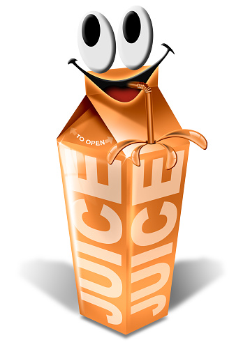 Cardboard orange juice carton with smiling face, cartoon style, isolated on white background. 3D illustration.