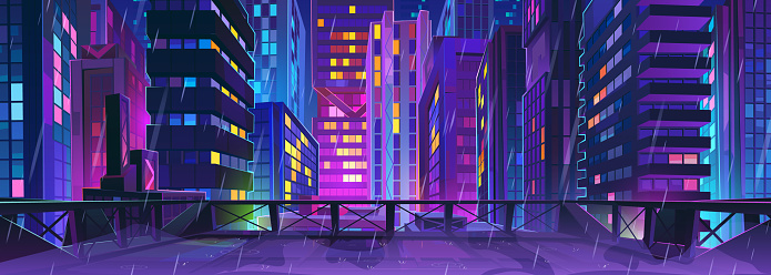 Rainy night cityscape with neon lights. Rooftop view of rainfall in modern big city, colorful skyscrapers glowing in darkness. Urban architecture, neon lights illumination. Cartoon vector illustration
