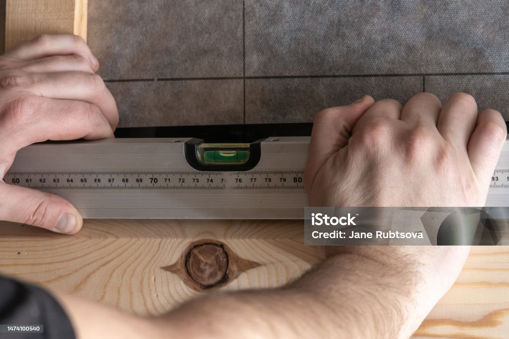 Using Hand Level Unrecognizable Man Hands Using Waterpass Level For Building Wooden ...
