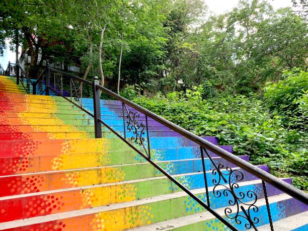 istock Rainbow colored stairs in Bucharest, overall view 1474104571