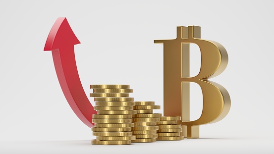Bitcoin crypto currency and red up arrow. Prices grow up concept. 3d rendering