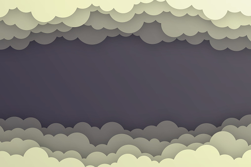 Modern and trendy background. Cloudy design with clouds on top and bottom in a paper cut style. Beautiful color gradient. This illustration can be used for your design, with space for your text (colors used: Beige, Yellow, Gray, Brown, Purple). Vector Illustration (EPS file, well layered and grouped), wide format (3:2). Easy to edit, manipulate, resize or colorize. Vector and Jpeg file of different sizes.