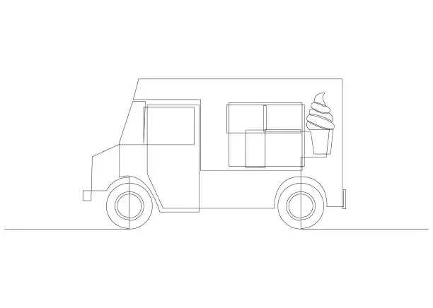 Vector illustration of Continuous line drawing of ice cream food truck. Ice cream food truck in one line style.