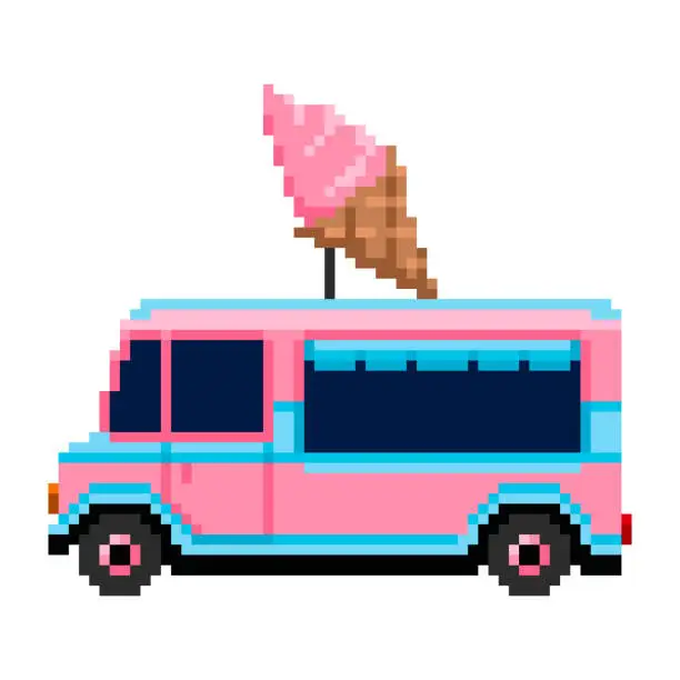 Vector illustration of Ice cream truck pixel art. Street food van 8-bit video game sprite. Vector illustration.