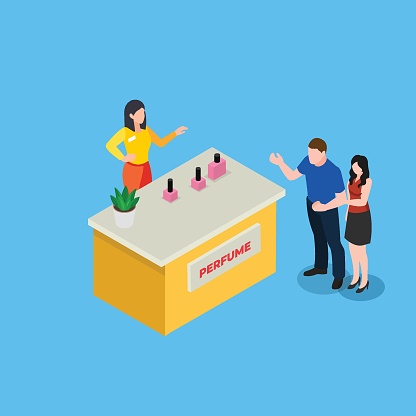 People shopping at perfume store 3d isometric vector illustration concept for banner, website, landing page, ads, flyer template