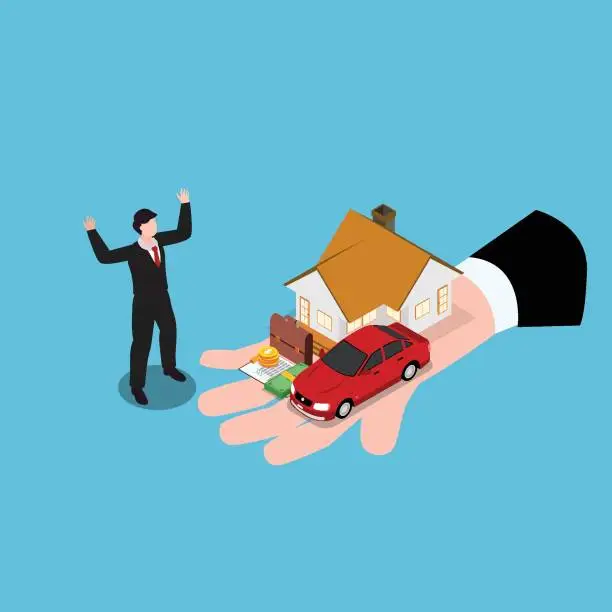 Vector illustration of Financial adviser offering house, car, money to business man