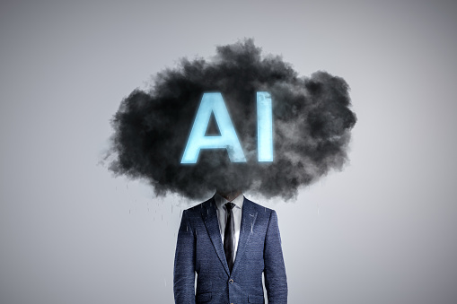A person's head is obscured by a dark cloud labeled 'AI,' symbolizing the potential negativ impact of artificial intelligence on human identity, emotions as well es jobs.