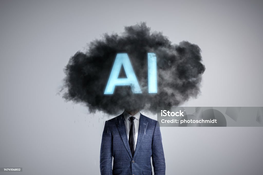 A person's head covered by an AI-labeled dark cloud A person's head is obscured by a dark cloud labeled 'AI,' symbolizing the potential negativ impact of artificial intelligence on human identity, emotions as well es jobs. Artificial Intelligence Stock Photo