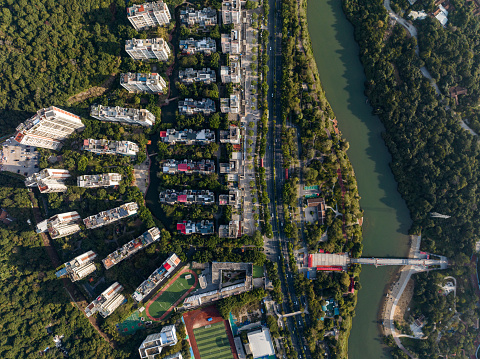 Urban green belts and residential buildings by the river