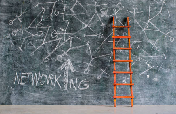 istock Business network concept with scribble on blackboard and ladder of success. Innovation,idea,success,human resouces, networking concept 1474110959