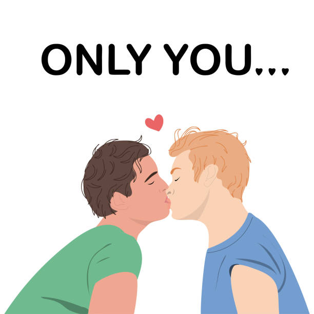 Gay couple kissing Men in love kiss. Concept of cute romantic greeting cards, invitations, poster design template. Only you.. kissing on the mouth stock illustrations