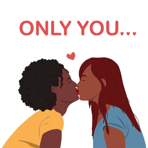 Women in love kissing Lesbian kiss. Concept of cute romantic greeting cards, invitations, poster design template. Only you.. kissing on the mouth stock illustrations