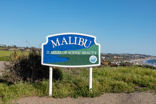 Malibu, USA - March 16, 2019: welcome sign in Malibu, California, USA.