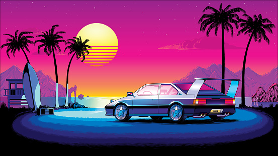 Retrowave background illustration in 80’s sci-fi style, car on a beach