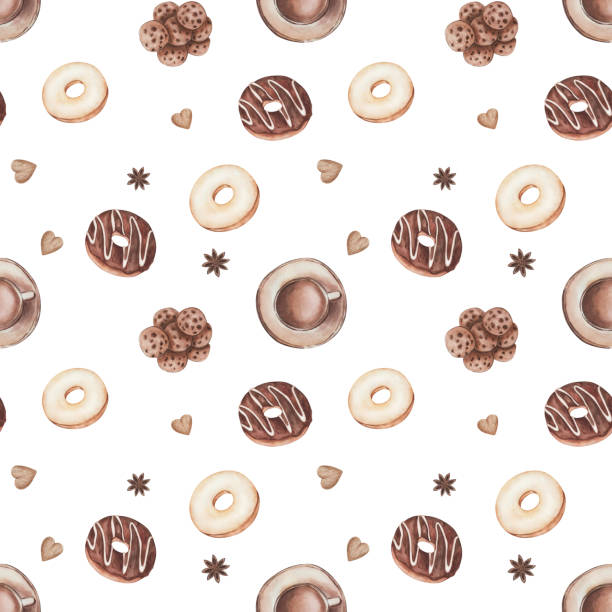 ilustrações de stock, clip art, desenhos animados e ícones de watercolor seamless pattern. hand painted illustration of donuts with white icing and brown chocolate. cup of coffee, cookies, anise star, doughnut. dessert sweet food. print on white background - coffee bagel donut coffee cup
