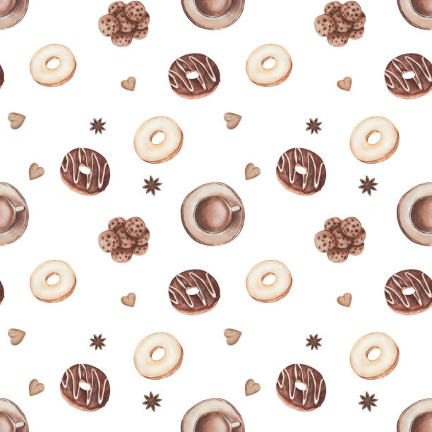 ilustrações, clipart, desenhos animados e ícones de padrão sem costura de aquarela. ilustração pintada à mão de donuts com glacê branco e chocolate marrom. xícara de café, biscoitos, anis estrela, donut. sobremesa comida doce. imprimir no fundo branco - coffee bagel donut coffee cup