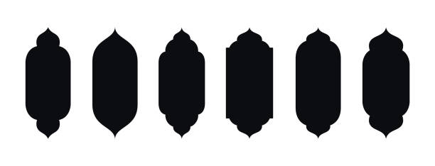 동양 스타일의 컬렉션입니다. 창문이나 문 아치, 모스크 게이트의 이슬람 벡터 모양. 아랍 프레임 세트입니다. 라마단 카림 실루엣 아이콘입니다.  이슬람 아라베스크 패턴입니다. - morocco islam pattern arabia stock illustrations