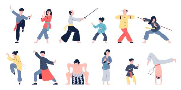 ilustrações, clipart, desenhos animados e ícones de treinando artes marciais, chute no karatê. judô e taekwondo, treino de força. japão, esporte coreano e chinês, atletas em uniforme recente vetor conjunto - martial arts child judo computer graphic