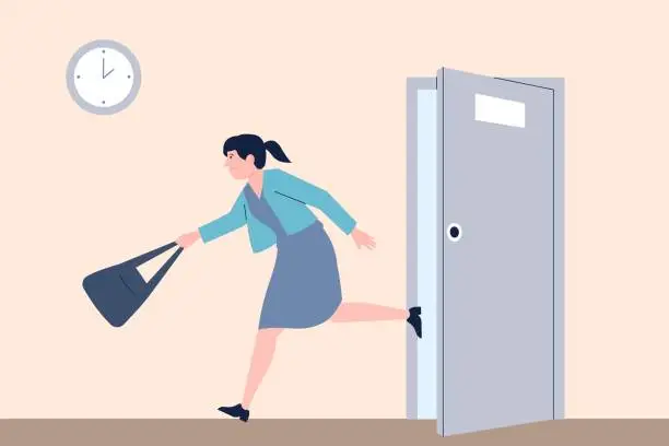 Vector illustration of Female leaving office. Woman run from open door, from home or job. Lunch or coffee time, employee go out. Busy business girl, recent vector scene