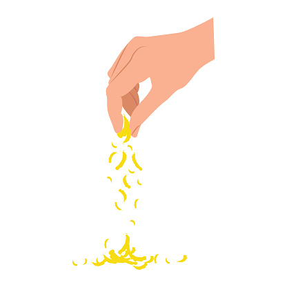 Hand pours grated cheese. The man's hand holds some cheese and the pieces fall down. Vector template for recipes, menu, decor, restaurant, cafe, pizzeria. Color illustration.