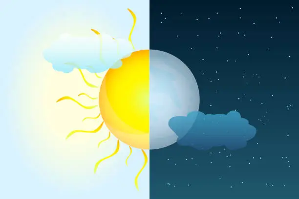 Vector illustration of Half sun and half moon as vernal or autumnal equinox day concept. Day and night with lunar and sun. Earth seasons.