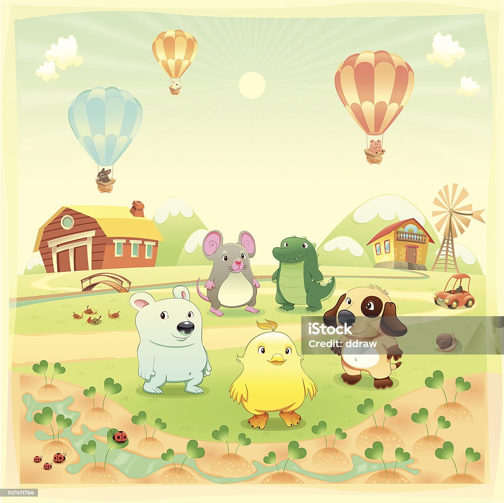 Dziecko zwierząt gospodarskich w countryside, - Grafika wektorowa royalty-free (Balon na ogrzane powietrze)