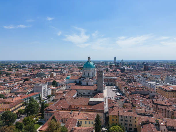 Beautiful drone view of the town square (Piazza del Duomo) and the Cathedral of Santa Maria Assunta in the Brescia city. Lombardy, Italy Beautiful drone view of the town square (Piazza del Duomo) and the Cathedral of Santa Maria Assunta in the Brescia city. Lombardy, Italy brescia stock pictures, royalty-free photos & images