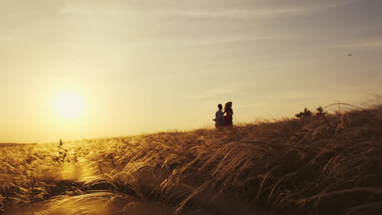 Silhouette view of a couple running in a field at sunset, holding hands