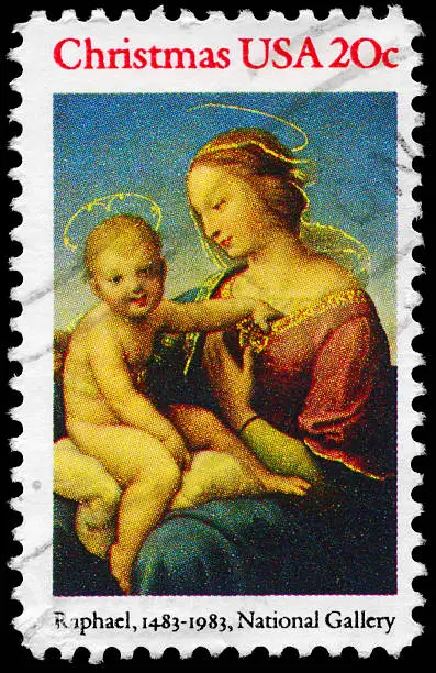 A Stamp printed in USA shows the Madonna, by Raphael (1483-1520), National Gallery, circa 1983