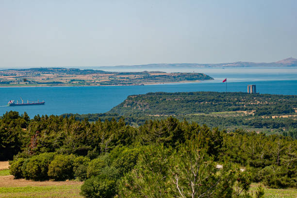 Dardanelles Strait, cargo ship and Monument