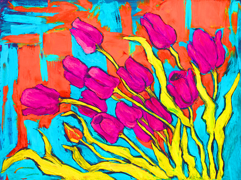 Artistic illustration oil painting  still life blooming red tulips on background in blue  tones