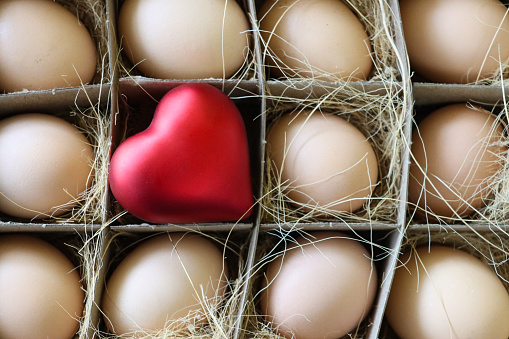 Stock photo showing close-up, elevated view of batch of brown eggs surrounding a red heart shaped model in a brown cardboard tray with compartments lined with hay on a mottled green background. Healthy eating concept.