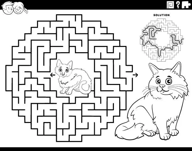 Vector illustration of maze with cartoon cats animal characters coloring page