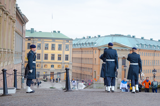 Stockholm, Sweden – November 28, 2022: Changing of the guard in front of Royal Palace, Stockholm, Sweden