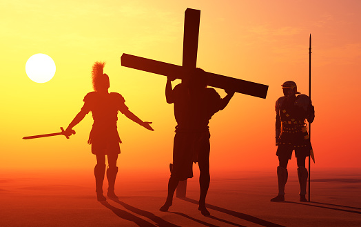 Jesus carries the cross at sunset.,3d render