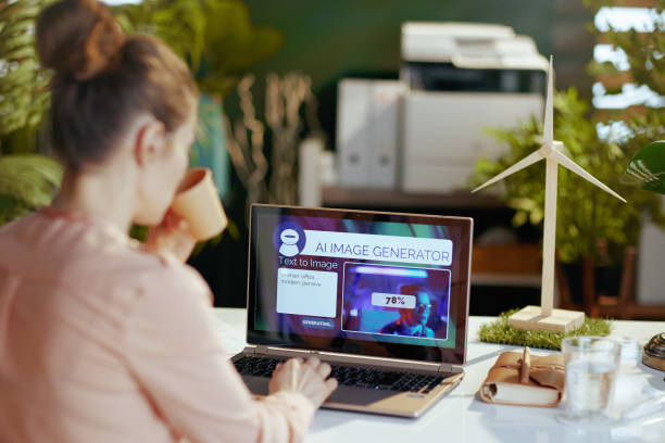 istock Seen from behind woman using text to image ai image generator 1474124170